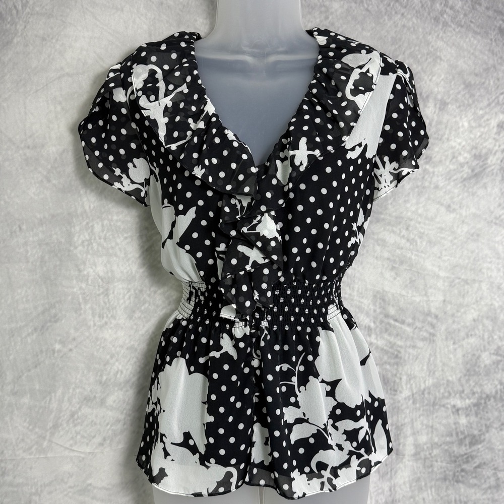Spense Black White Polka Dot Top Sz M Ruffle‎ pin up rockabilly romantic picnic